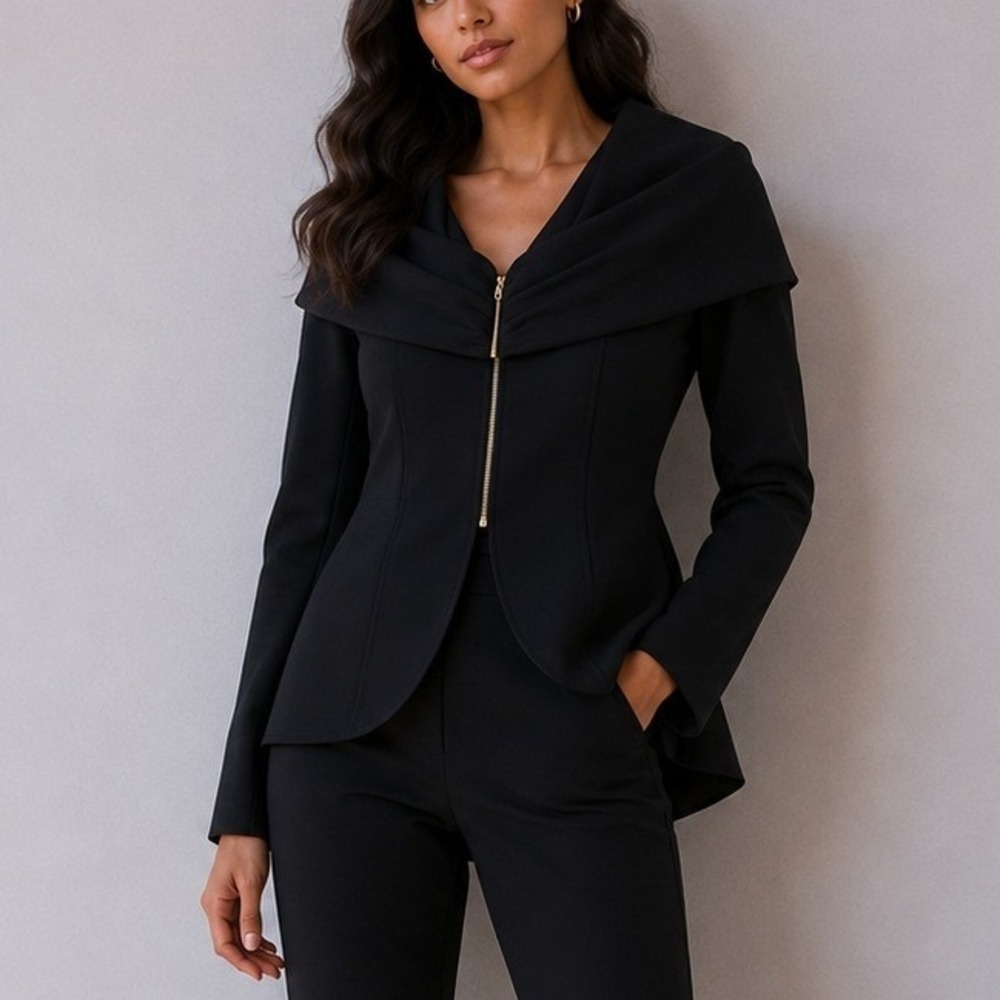 Christian Siriano Couture Black Wool Draped Collar Blazer Jacket | Size 4 |$1800